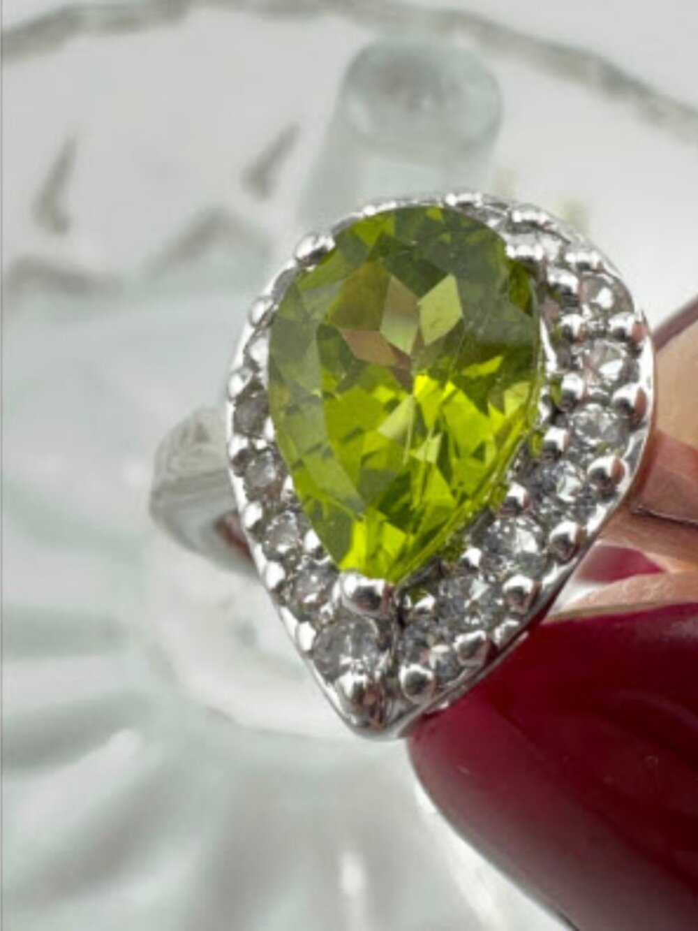 Annabella Peridot White Topaz Halo Ring 925 Sterling Silver Pear Cut Size 6